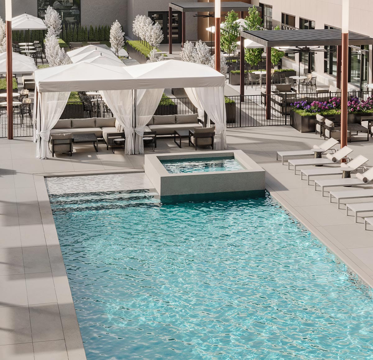 Rendering of lit seating areas with pool in foreground